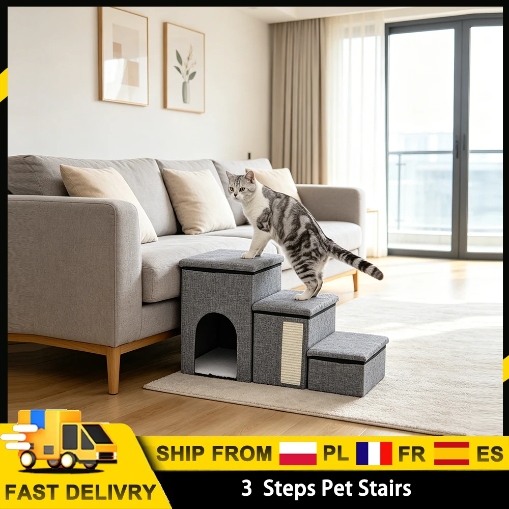 Escalier Chien Chat 3 Marches Multifonction - Rangement Griffoir Maison - Capacité 60kg