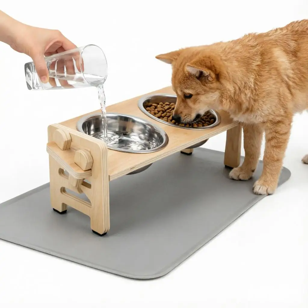 Gamelle surélevée réglable pour chien – Double bol inox avec support bois