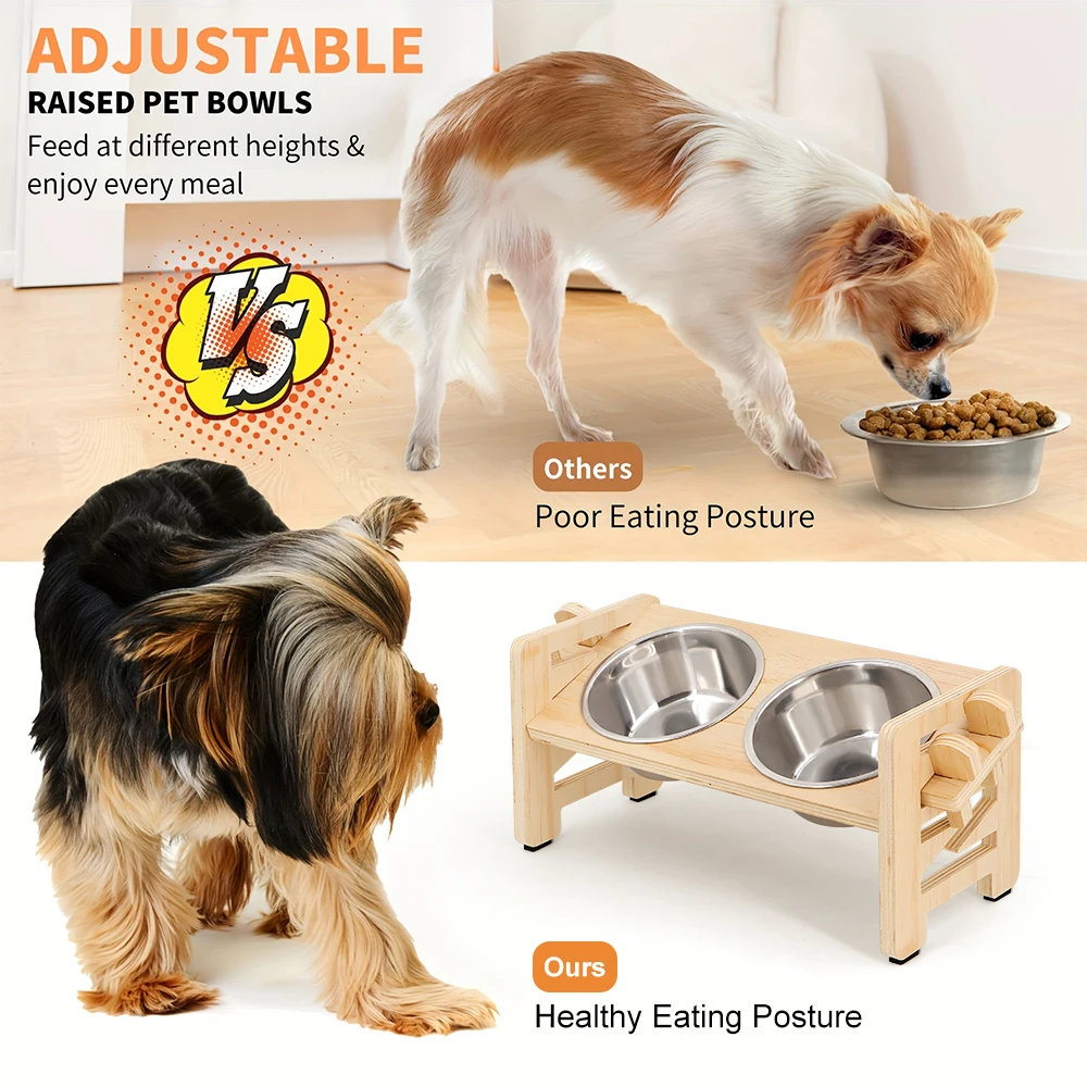 Gamelle surélevée réglable pour chien – Double bol inox avec support bois – Image 5
