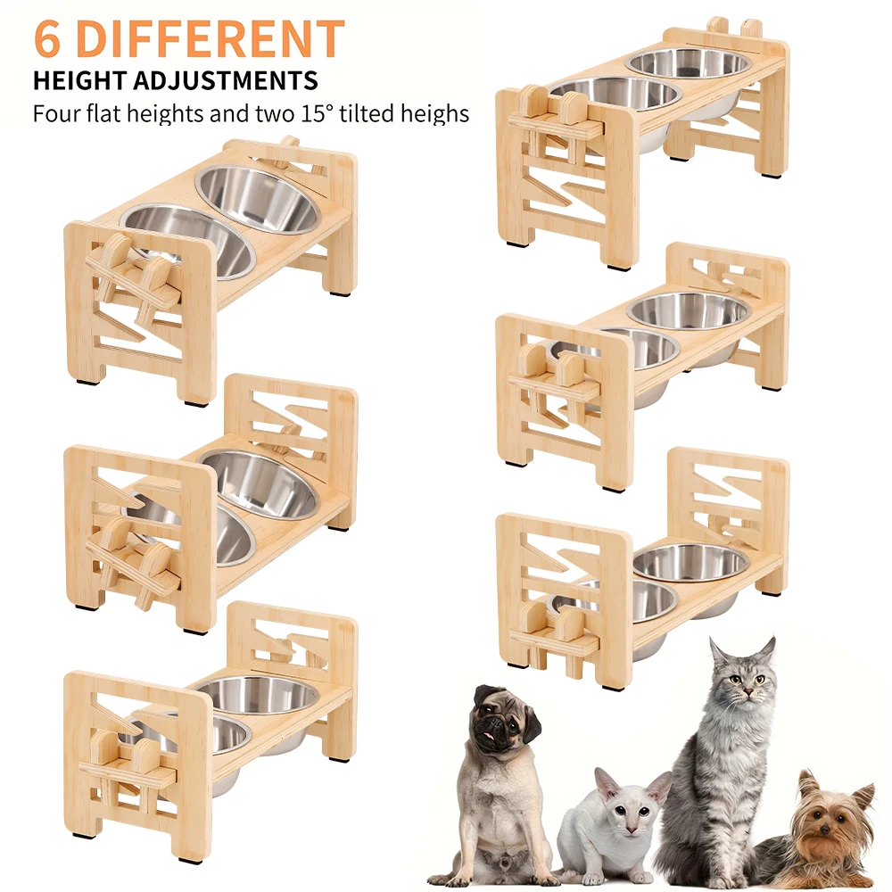 Gamelle surélevée réglable pour chien – Double bol inox avec support bois – Image 3