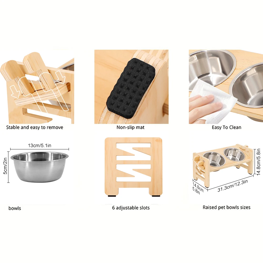 Gamelle surélevée réglable pour chien – Double bol inox avec support bois – Image 6