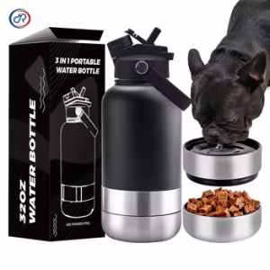 gourde chien 3 en 1 avec gamelle et compartiment nourriture